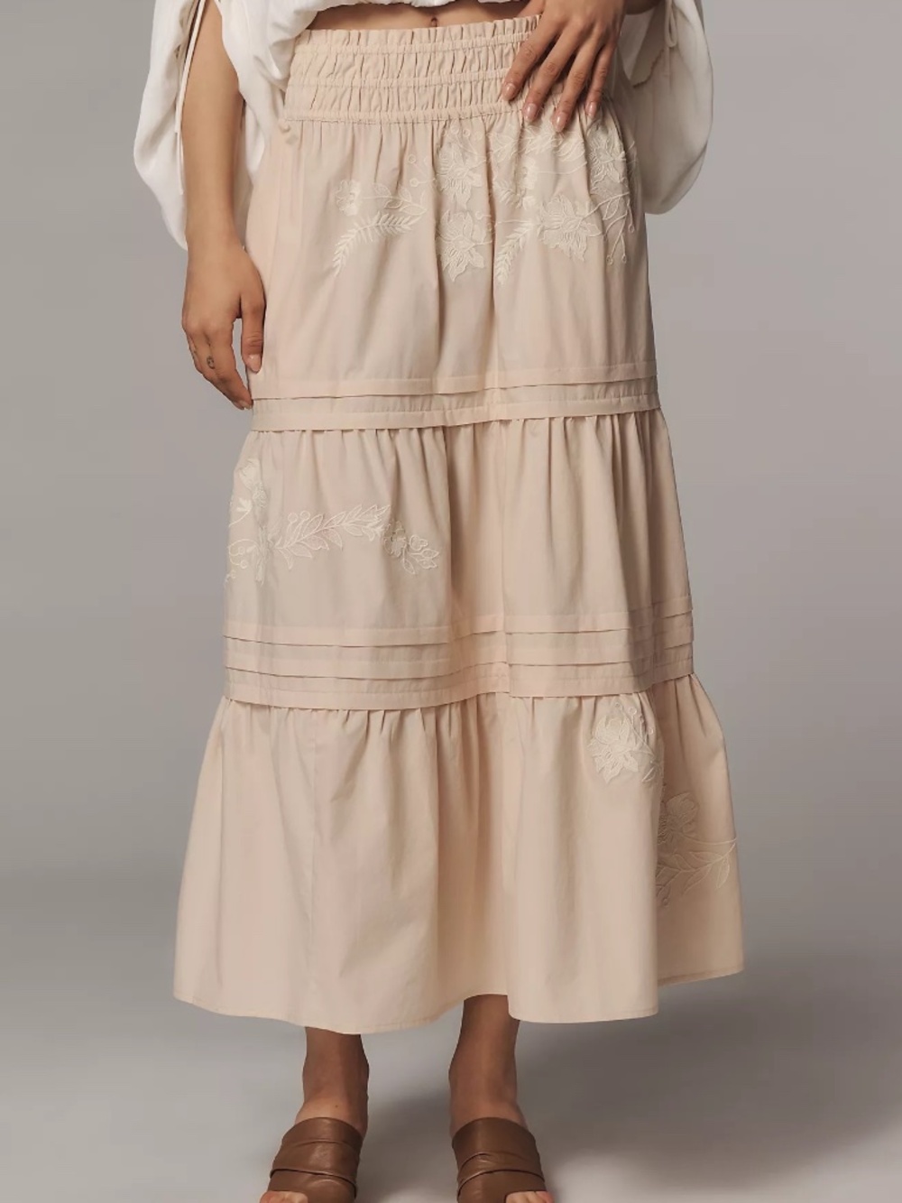 NWT Maeve Anthropologie Frosted Almond Ivory Embroidered Somerset Midi Skirt